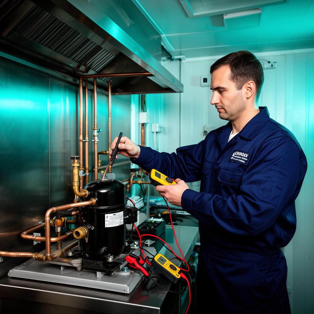 Técnico AJ Tech realizando manutenção em câmara fria comercial
